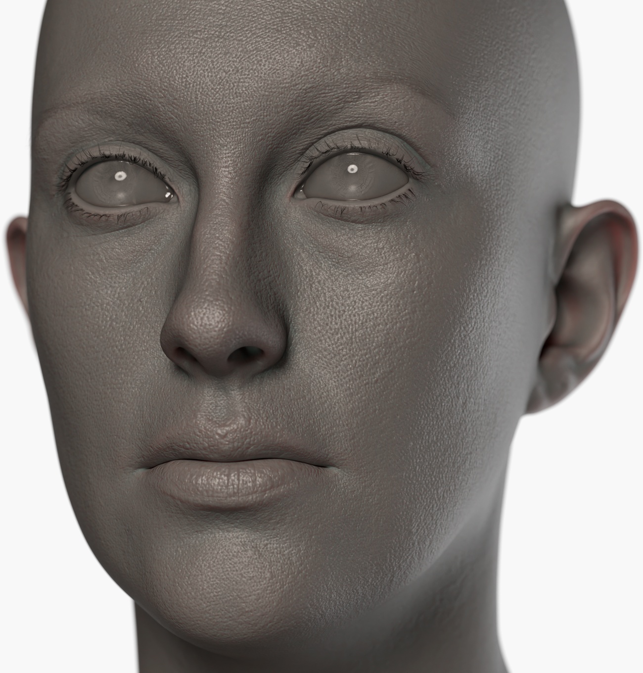 Clay render of a female 3D head scan showing skin pore detail, surface micro-texture, and facial topology